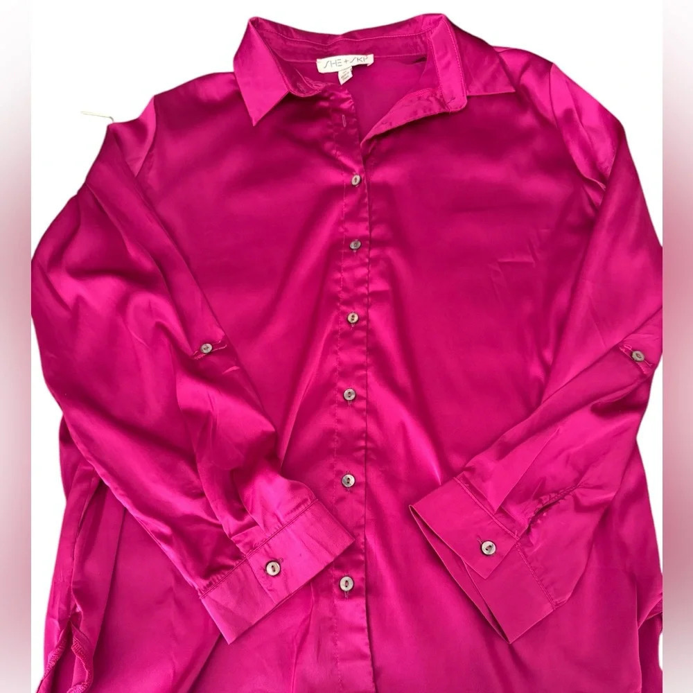 She+Sky Hot Pink Satin Style Hi Low Blouse M - Picture 2 of 4